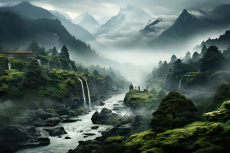 Waterfall in the misty valley. Landscape with foggy mountains.の素材