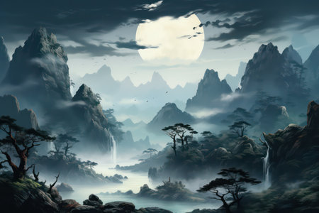 Fantasy landscape with mountains, trees and fog. 3d illustrationの素材