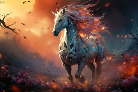 Beautiful white horse with long mane in fantasy landscape. Digital paintingの素材
