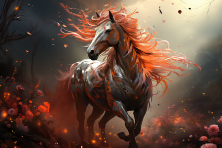 Digital painting of a horse with red mane in the meadowの素材