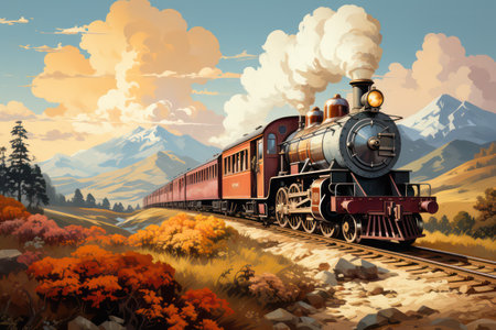 Steam locomotive on the track in the mountains. Digital painting.の素材