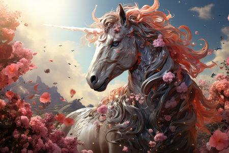 Horse with pink flowers in the sky. 3d illustration.の素材