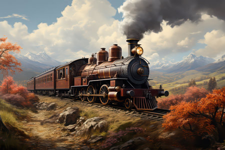 Steam locomotive in the autumn landscape. 3D illustration. Digital painting.の素材
