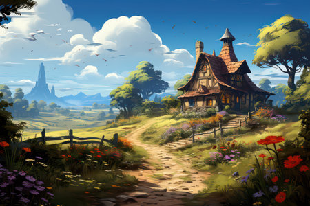 Cartoon fantasy landscape with old wooden house on a meadow with flowersの素材