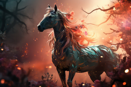 Horse in the forest. Fantasy painting. 3D illustration.の素材