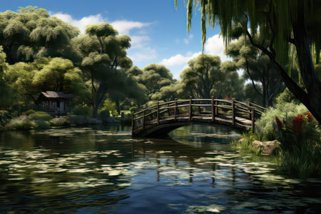Wooden bridge over the river in the park, 3d renderの素材