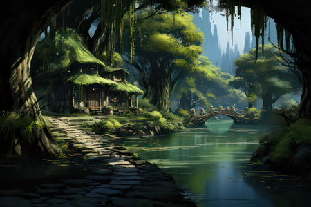 Fantasy landscape with a pond and a wooden house in the forestの素材