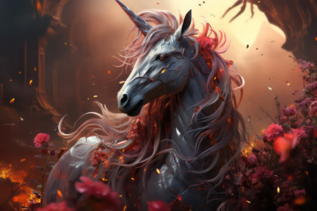 Unicorn in the forest. Fantasy. 3D illustration.の素材