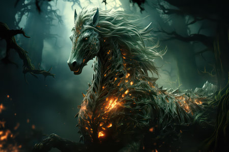 Horse in the forest with fire. 3D rendering. Fantasyの素材