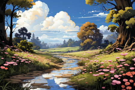 Illustration of a beautiful landscape with a river, trees and flowersの素材