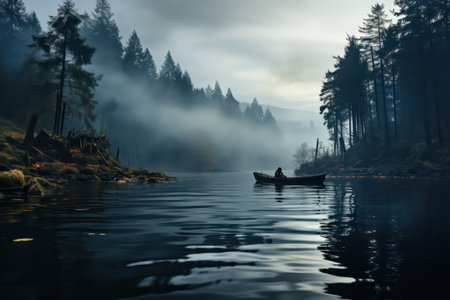 Foggy morning on the lake with a fisherman in a boatの素材
