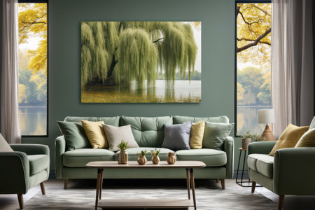 Interior of modern living room with green sofa, coffee table and picture on wallの素材