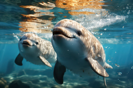 Dolphins swimming in the water. 3D rendering. Underwater world.の素材