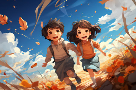 Illustration of a boy and a girl running in the autumn forestの素材