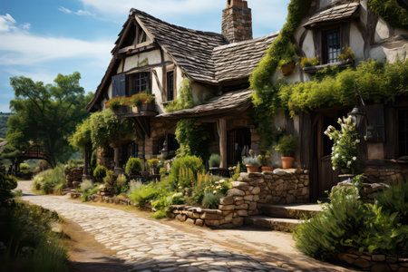 Beautiful cottage in the garden in the village. Beautiful summer landscape.の素材