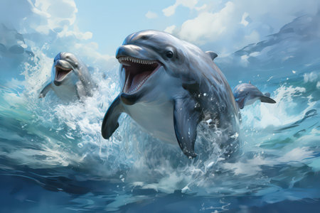 Dolphins jumping out of the water. 3D render. Clip art.の素材