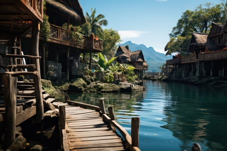 Wooden houses on the banks of the river in the tropicsの素材