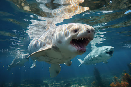 Great White Shark swimming in the ocean. Underwater photography of a white shark.の素材