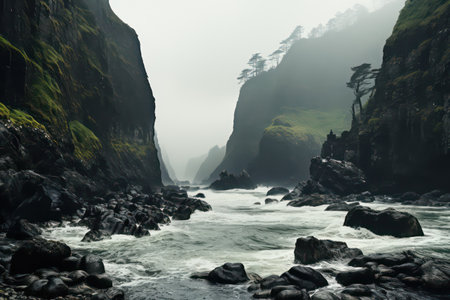 Foggy seascape with rocks and cliffs in the foregroundの素材