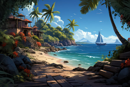 Beautiful tropical beach with palm trees and blue sky. 3d renderの素材
