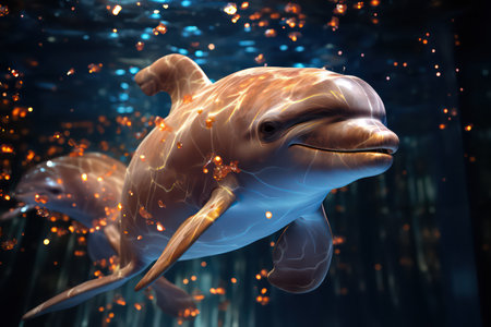 3d rendering of a dolphin swimming in an aquarium with fire flamesの素材