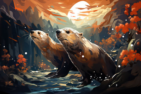 Two otters swimming in the river at night. Vector illustration.の素材