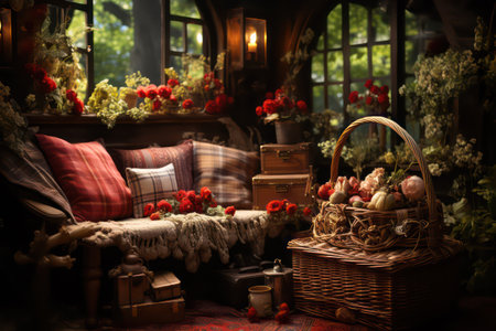 Still life with wicker basket in the interior of an old houseの素材