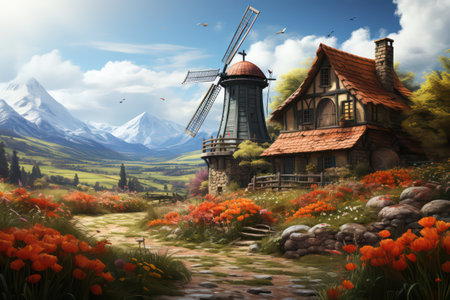 Beautiful spring landscape with windmill and flowers. Digital painting.の素材