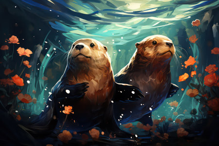 Two sea lions in the ocean under the water. Digital painting.の素材
