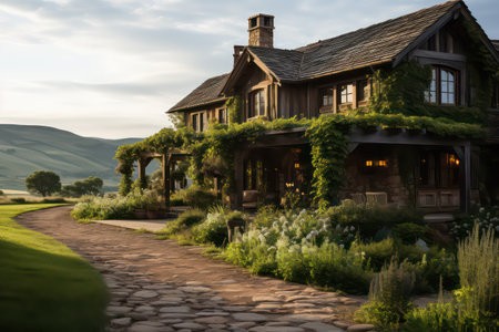 Luxury house in the garden at sunset. Beautiful summer landscape.の素材