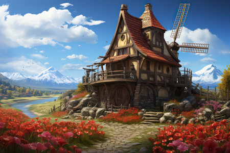 Fantasy landscape with windmill in the village. 3D illustrationの素材