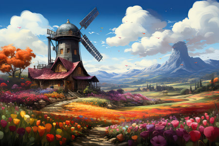 Beautiful fantasy landscape with windmill and flowers. Digital painting.の素材