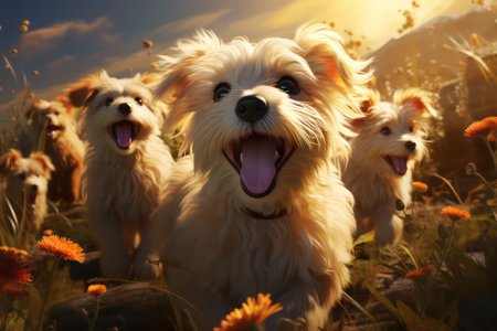 Cute dogs in the meadow at sunset, close-upの素材
