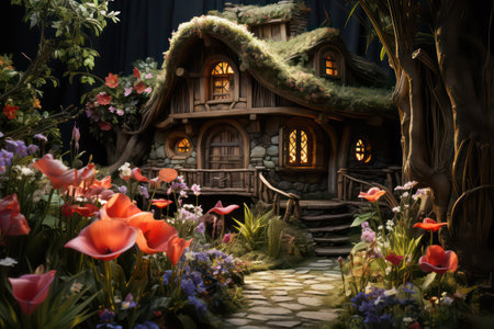 Fantasy garden with fantasy wooden house, flowers and trees at nightの素材