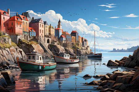 Fishing boats on the shore of the old town. 3D renderingの素材