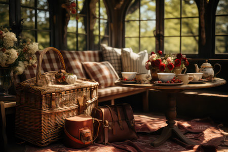 Interior of a cafe with a wicker basket and a tea setの素材