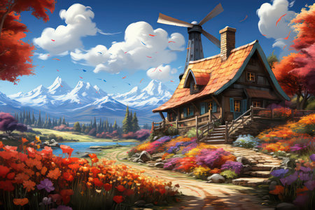Beautiful landscape with a wooden house in the mountains. Digital painting.の素材