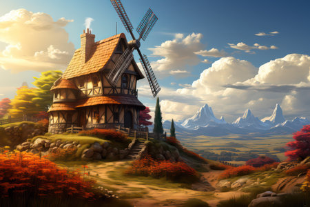 Windmill in the field. Digital painting. 3D illustration.の素材
