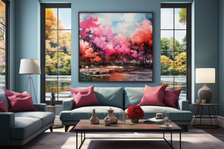 Modern living room interior design with blue sofa, coffee table and vase with red cushions. 3D Renderingの素材