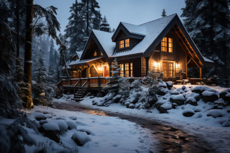 Winter night in the forest. Wooden house in the mountains. Beautiful winter landscape.の素材