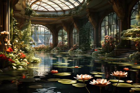 Botanical garden with pond and water lilies, 3d renderの素材