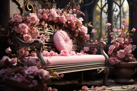 Vintage armchair with pink roses in the interior of the roomの素材