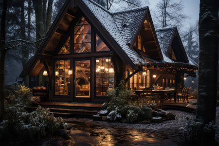 Beautiful wooden house in the woods at night. Winter evening.の素材