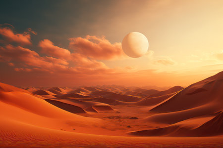 Desert landscape with moon and sand dunes. 3d renderの素材