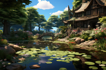 Beautiful Japanese garden with pond and wooden house,3d renderの素材