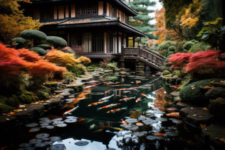 Japanese garden with pond and koi fish in autumn season, Kyoto, Japanの素材