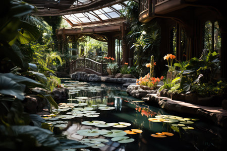 Luxury tropical garden with pond, palm trees and plants.の素材