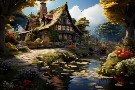 Fantasy landscape with a cottage in the forest. Digital painting.の素材