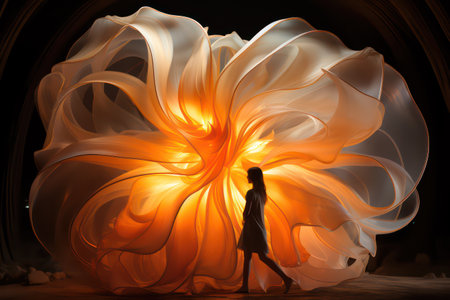 Beautiful woman in a white dress on the background of an abstract flowerの素材