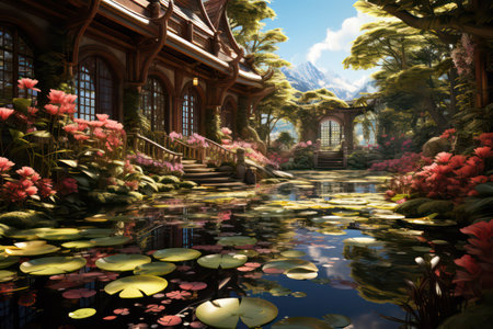3d rendering of a beautiful lake in a botanical garden.の素材